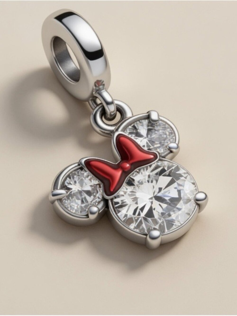 Sterling Silver Charm Pendant with Red Bow and Clear Crystals